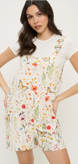 Watercolor Floral Shortalls - Cream
