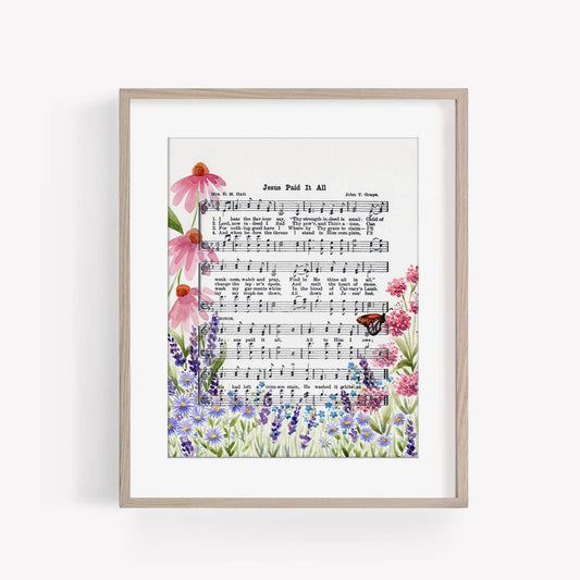 "Jesus Paid it All" Floral + Butterfly Hymn Print - Marydean Draws
