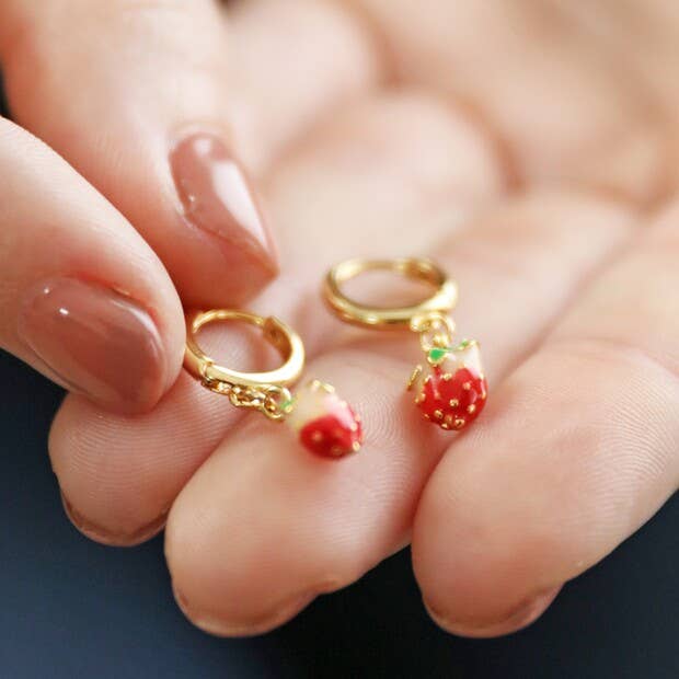 Strawberry Enamel Gold Huggie Earrings