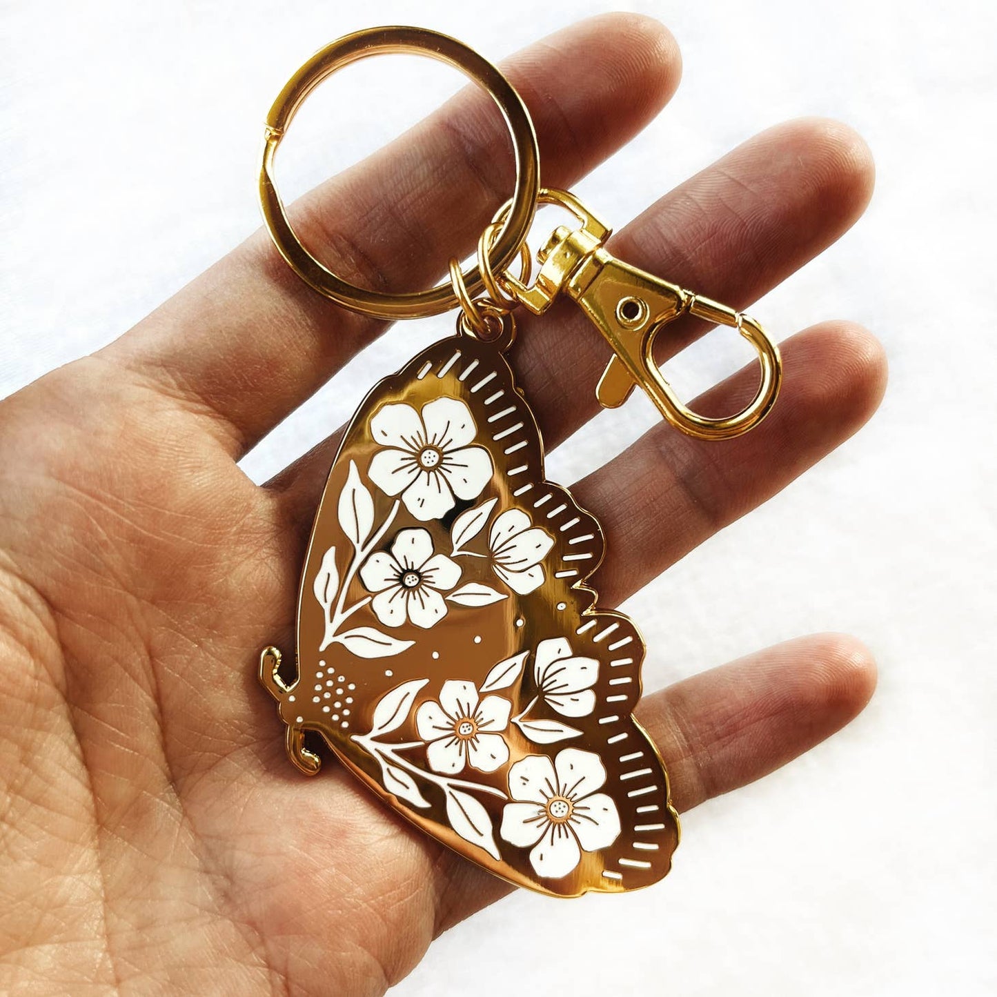 Gold Enamel Floral Moth Keychain