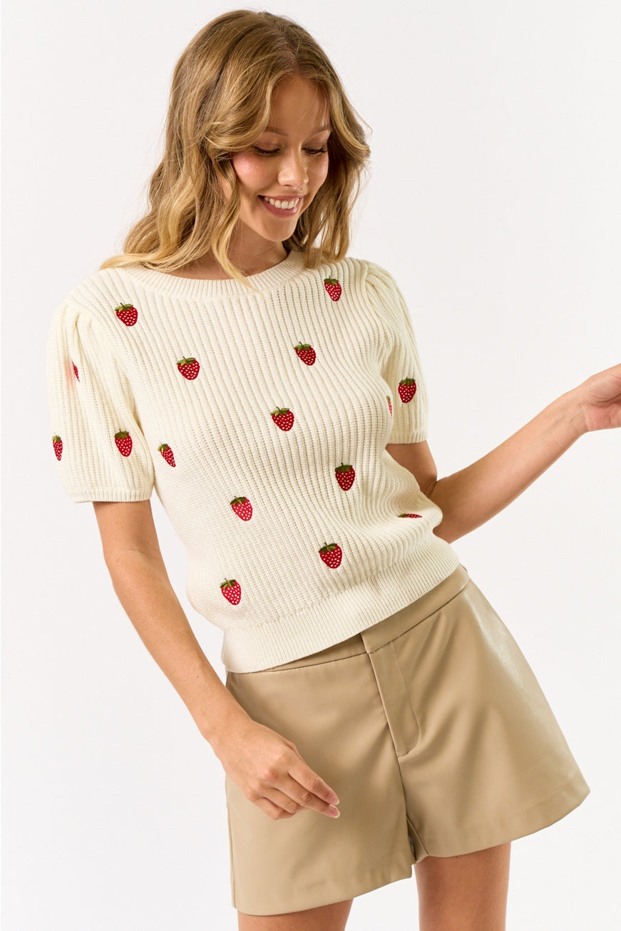 Strawberry Embroidery Puff Sleeve Knit Top