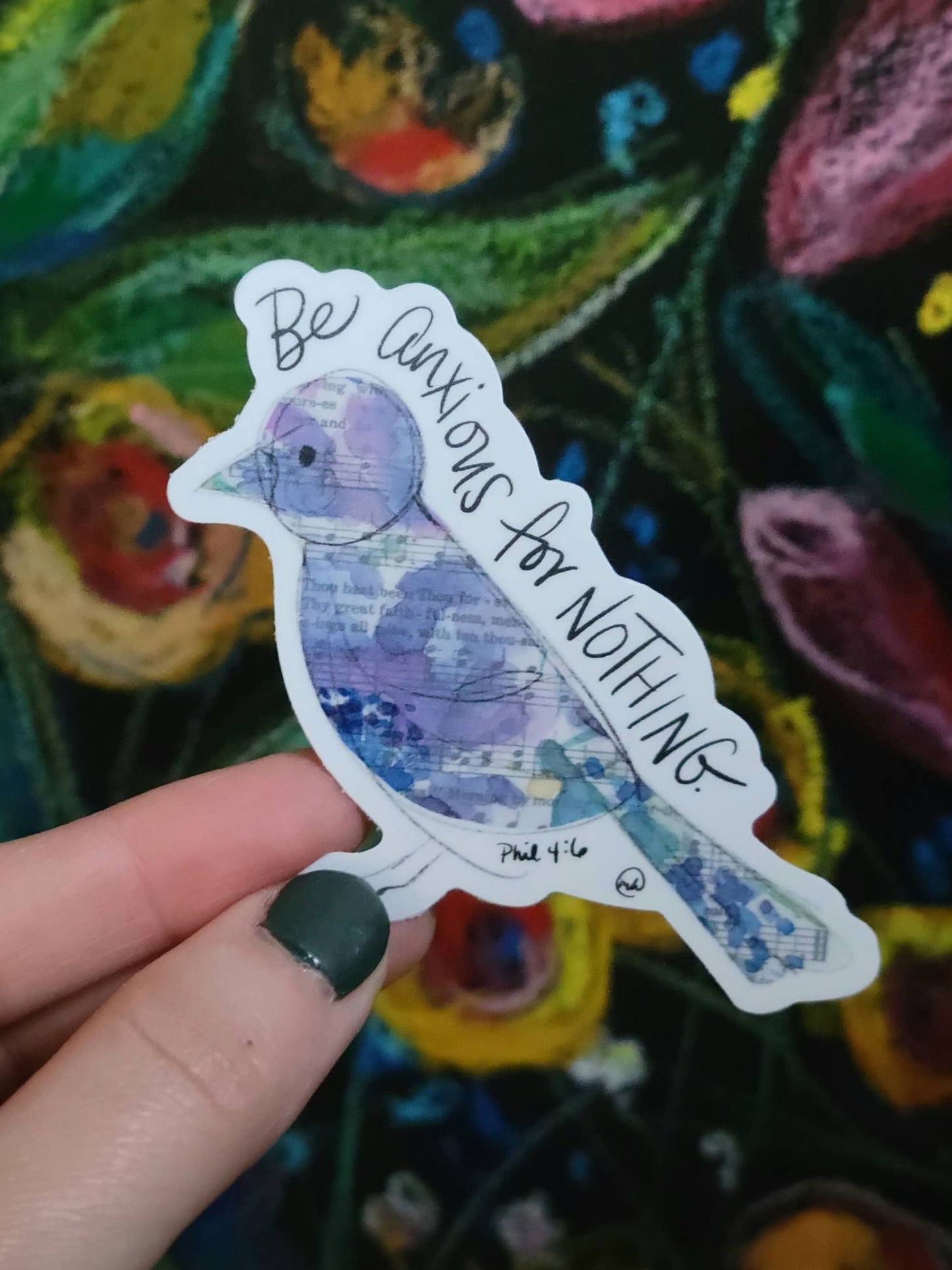 Marydean Draws Sticker - "Anxious for Nothing" Watercolor Bird Scripture