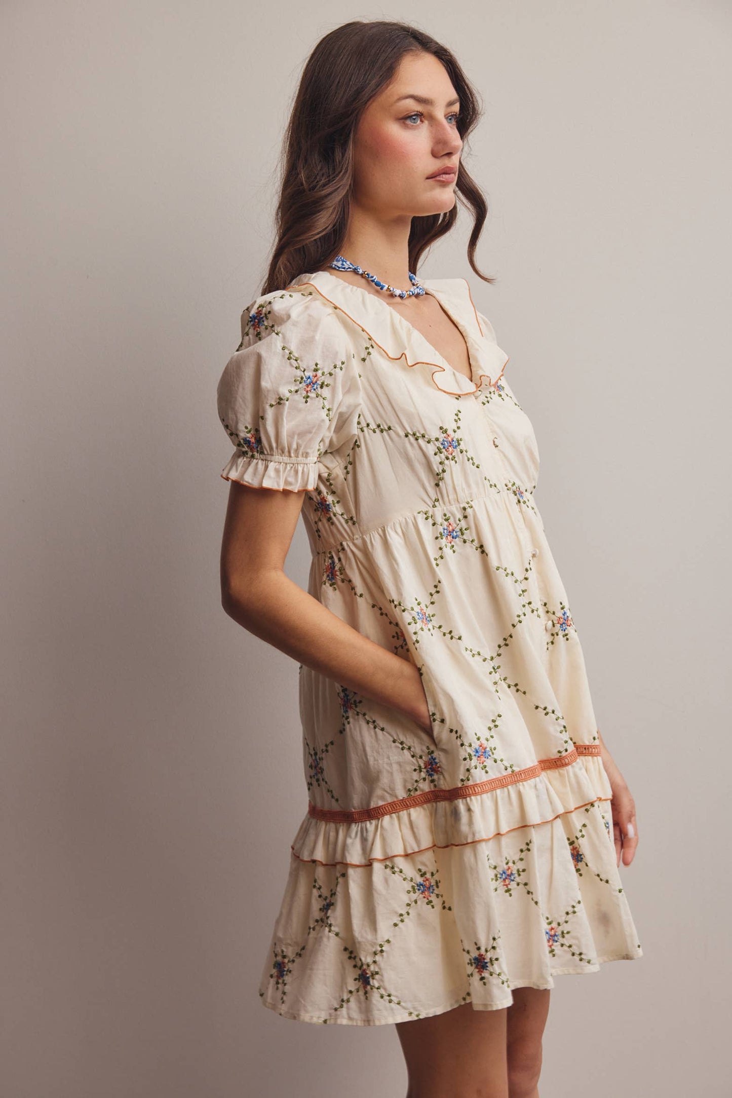 Lana Embroidered Ruffle Cotton Dress