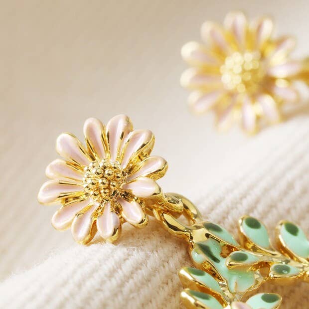 Crystal Flower and Enamel Bee Drop Earrings in Gold