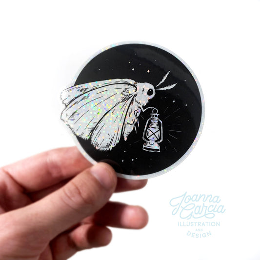 Moth and Lantern Glitter Vinyl Sticker - Joanna Garcia Art