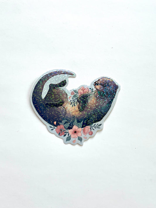 Otter and Flowers Glitter Vinyl Sticker - Joanna Garcia Art