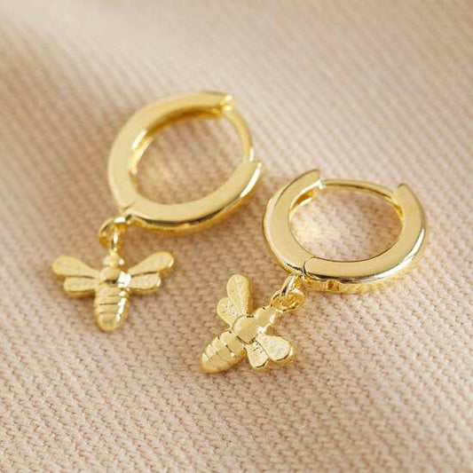 Gold Huggie Hoop Bee Earrings