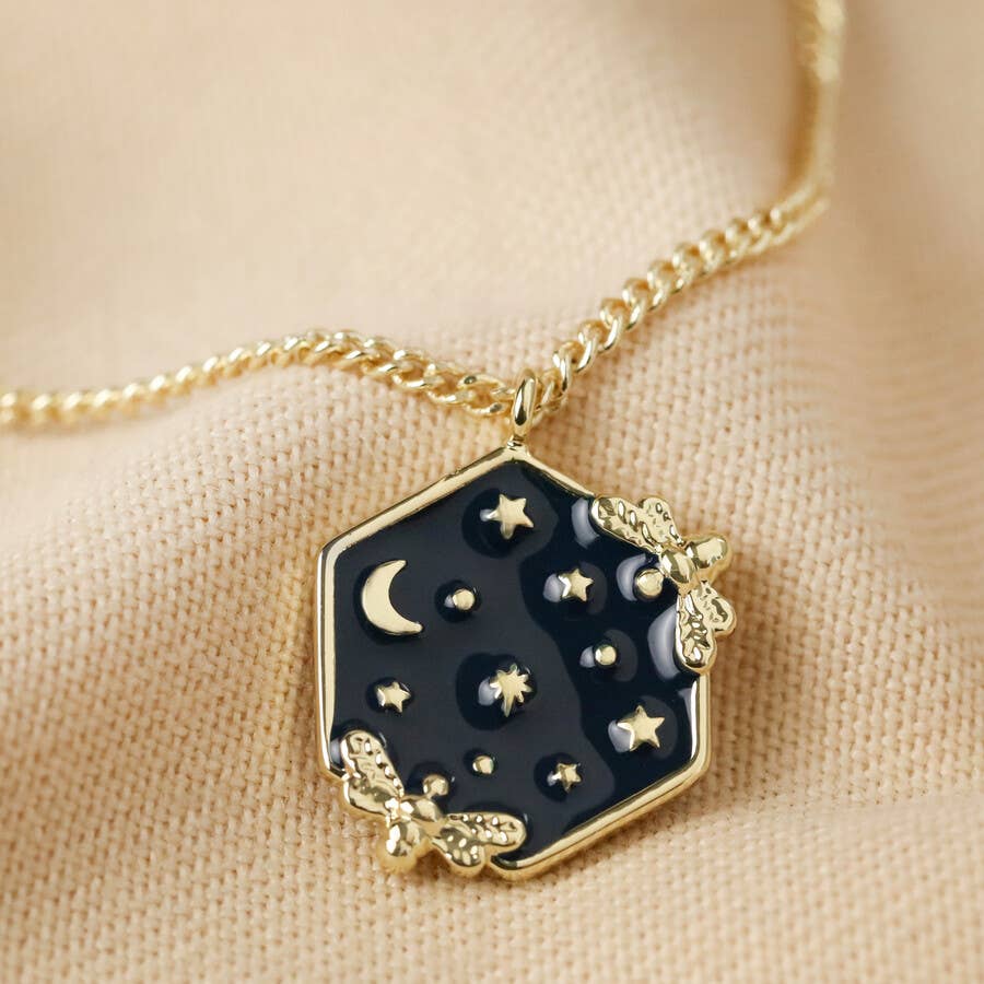 Enamel Celestial Bee Pendant Necklace in Gold