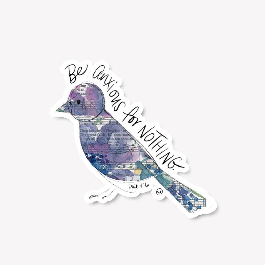 Marydean Draws Sticker - "Anxious for Nothing" Watercolor Bird Scripture